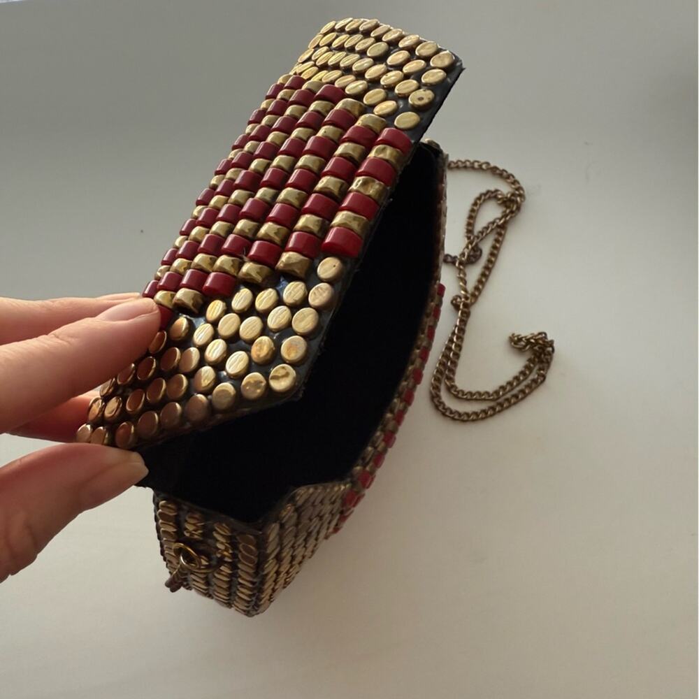 Red Gold Beaded Studded Crossbody Clutch Boho Evening Bag - Picture 5 of 6